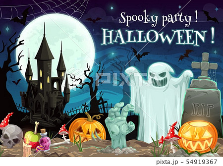 Spooky Halloween party on graveyard moon and ghost 54919367