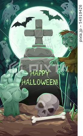 Cemetery at Halloween night, gravestone and zombie Cemetery at Halloween night, gravestone and zombie 54919426