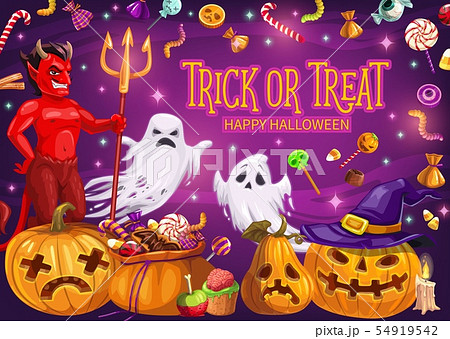 Halloween pumpkins with candies, ghosts and devil 54919542