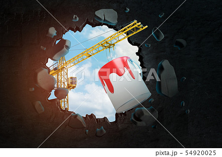 3d rendering of construction crane and red paint bucket breaking black wall 54920025