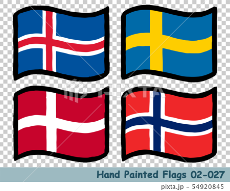 手描きの旗アイコン アイスランドの国旗 スウェーデンの国旗 デンマークの国旗 ノルウェーの国旗のイラスト素材