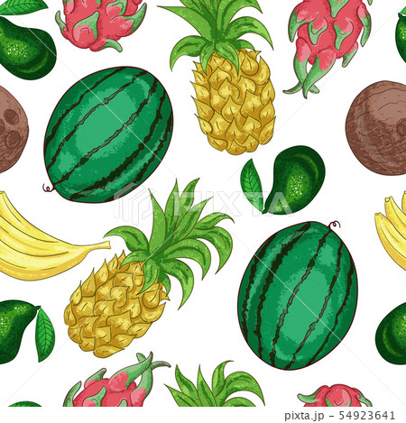 Tropical fruts seamless pattern. Sweet tropical fruit cut into pieces line art. 54923641