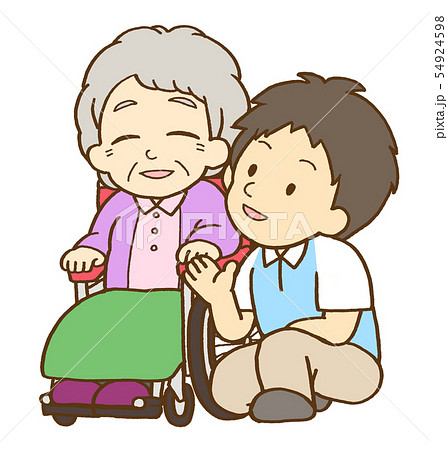 車椅子の高齢女性と会話する男性介護士のイラスト素材