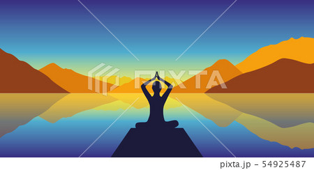 meditation silhouette by the lake with autumn mountains background 54925487