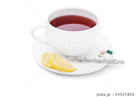Tea with lemon, some pills and thermometer Tea with lemon, some pills and thermometer 54925803
