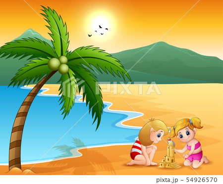 Happy girls are building a castle from the sand 54926570