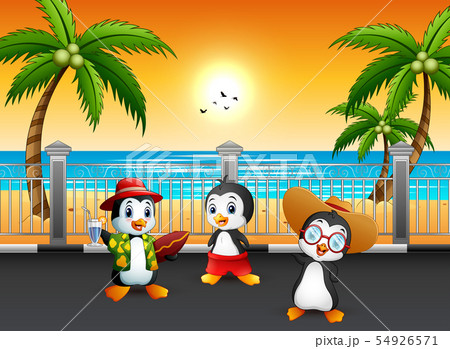 Summer vacation penguins at the seaside street 54926571