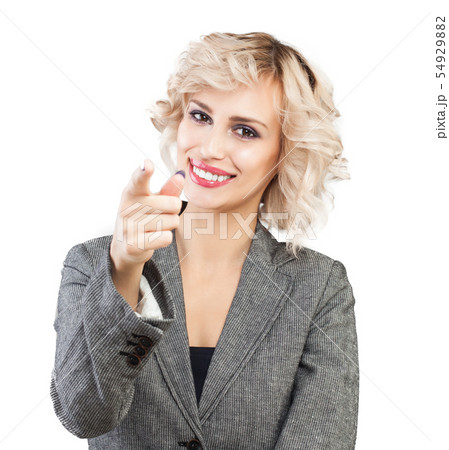 Happy business woman pointing finger on white Happy business woman pointing finger on white 54929882