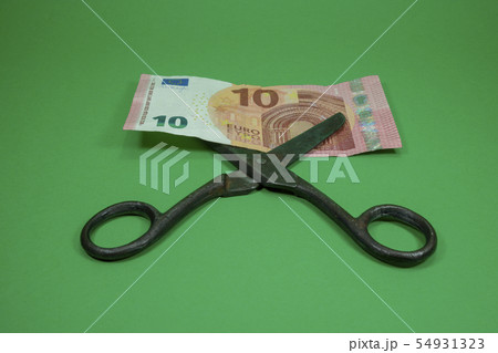 Scissors cut Euro banknote over green background 54931323