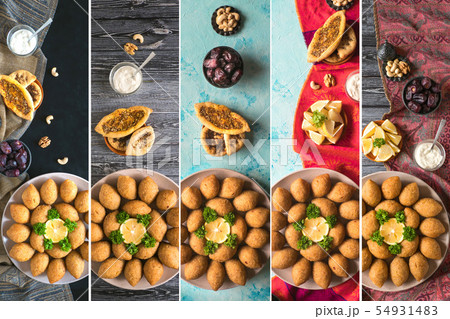 Collage of Arabic meat appetizer Kibbeh. Collage of Arabic meat appetizer Kibbeh. 54931483