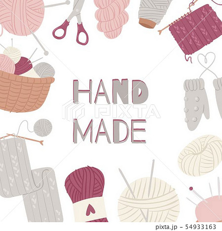 Knitting and sewing arts and crafts vector frame isolated on white. Hand made knitwear with supplies Knitting and sewing arts and crafts vector frame isolated on white. Hand made knitwear with supplies 54933163