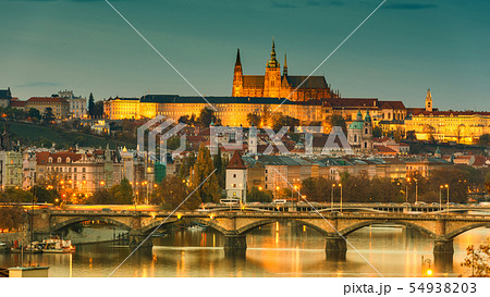 Prague Castle in lights, panoramic view from Vysehrad, Czech Republic 54938203