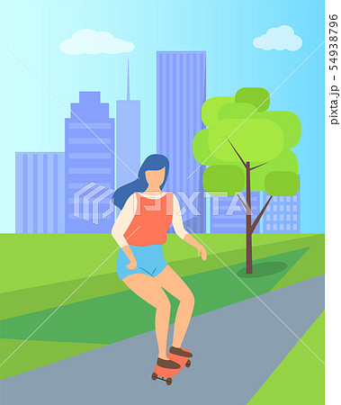 Woman Character Skateboarding in City Park Vector Woman Character Skateboarding in City Park Vector 54938796