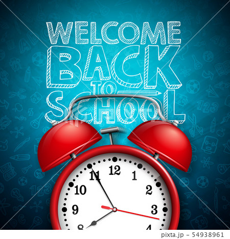 Back to school design with red alarm clock and typography on dark chalkboard background. Vector Back to school design with red alarm clock and typography on dark chalkboard background. Vector 54938961