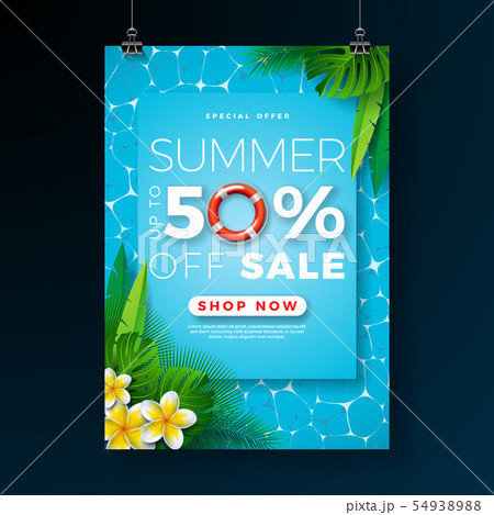 Summer Sale Poster Design Template with Flower, Beach Holiday Elements and Exotic Leaves on Pool 54938988