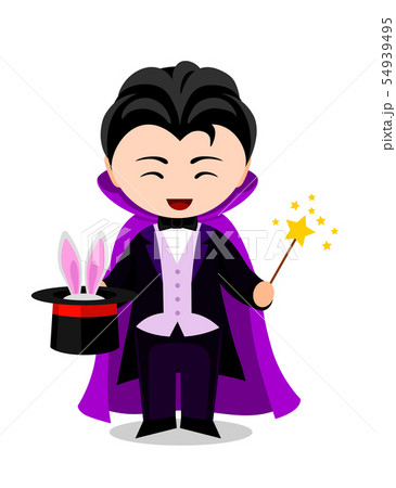 Cartoon illusionist. Cute little kid in costume. 54939495