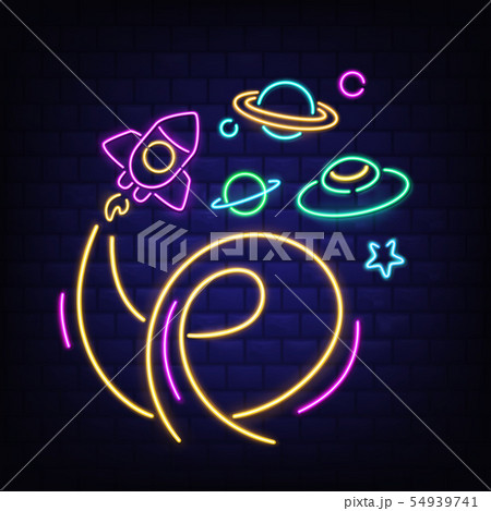 Neon space icons set, rocket, ufo, Saturn and star Neon space icons set, rocket, ufo, Saturn and star 54939741
