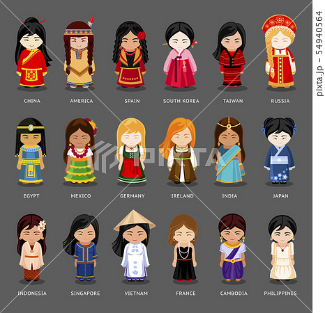 Cartoon Girls In Different National Costumes のイラスト素材