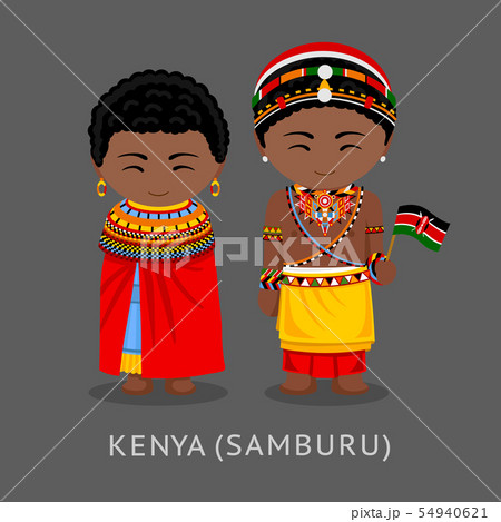 Kenyans in national clothes with a flag. Kenyans in national clothes with a flag. 54940621