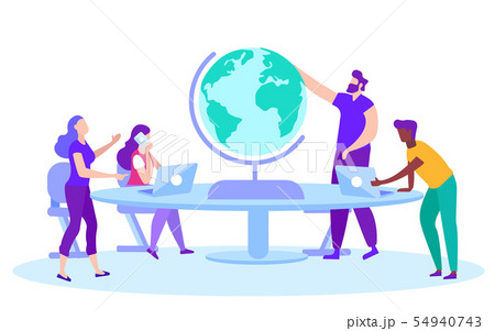 Man Turns Globe on Table. People Work on Laptops. Man Turns Globe on Table. People Work on Laptops. 54940743