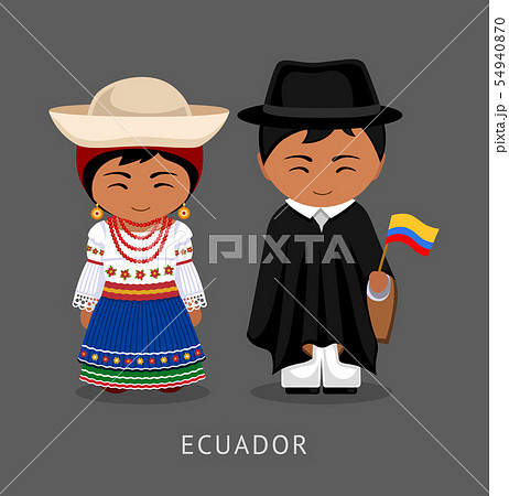 Ecuadorians in national dress with a flag. 54940870