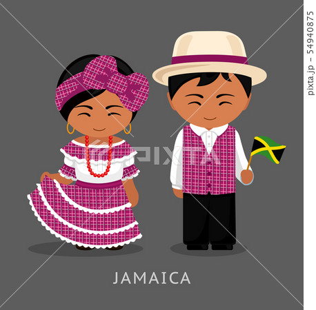 Jamaicans in national dress with a flag. 54940875