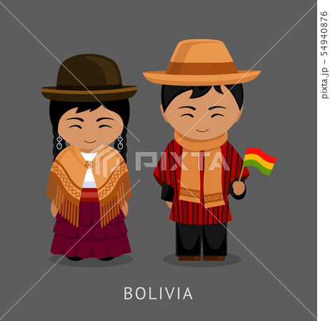 Bolivians in national dress with a flag. 54940876