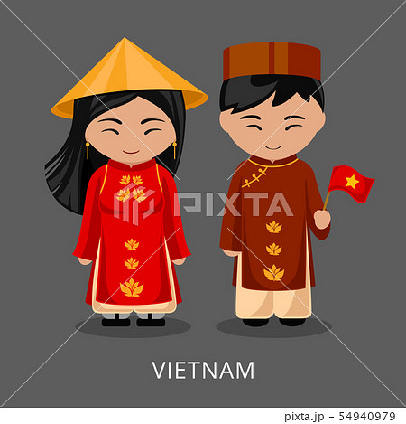 Vietnamese in national dress with a flag. 54940979