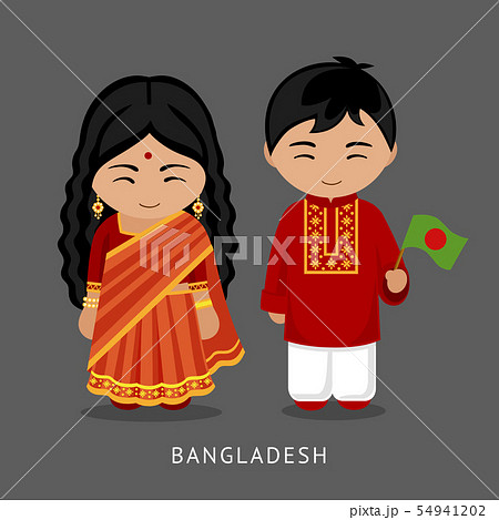Bangladeshi in national dress with a flag. 54941202