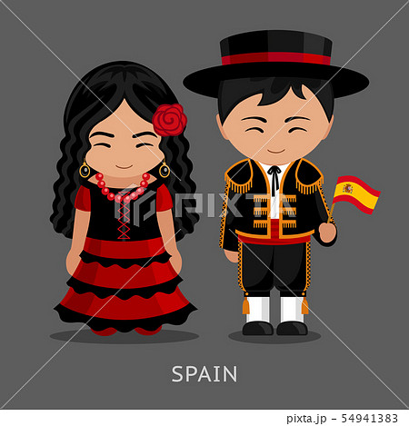 Spaniards in national dress with a flag. Spaniards in national dress with a flag. 54941383