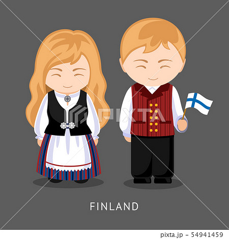 Finns in national dress with a flag. Finns in national dress with a flag. 54941459