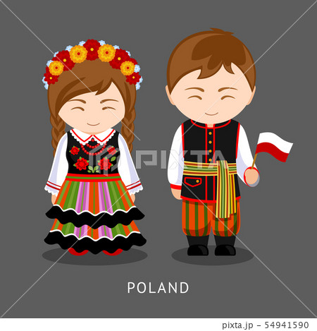 Poles in national dress with a flag. 54941590