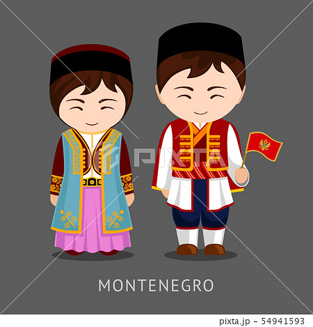 Montenegrins in national dress with a flag. 54941593