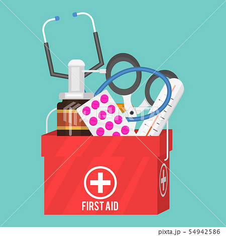 Medical instruments aid kit doctor tools medicament in cartoon style medication hospital health Medical instruments aid kit doctor tools medicament in cartoon style medication hospital health 54942586