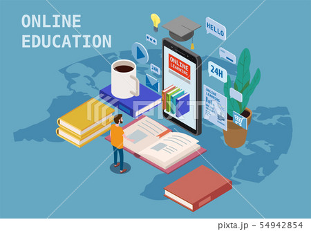 Online education isometric icons composition with little people taking books from smartphone 54942854