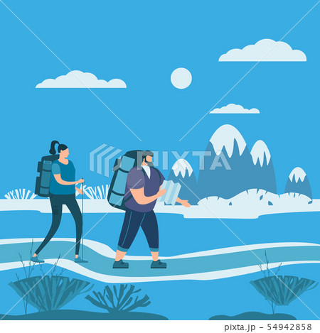 Tourists cute couple in love performing outdoor touristic activity - adventure travel, hiking 54942858