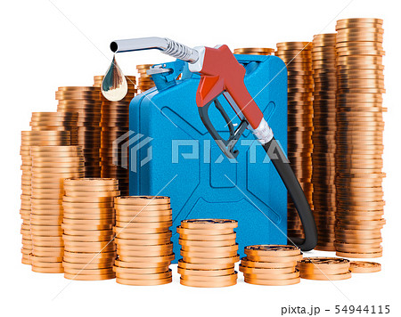 Fuel pump nozzle and jerrycan with golden coins 54944115