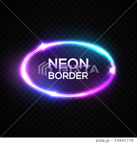 Neon light border. Oval frame with glowing, flares and sparkles. Electric bright 3d elliptical 54945776