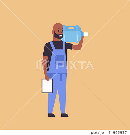 african american courier in uniform holding plastic bottle of fresh water and receiving form 54946937