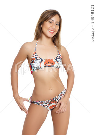 beautiful asian woman bikini and white background  54949121