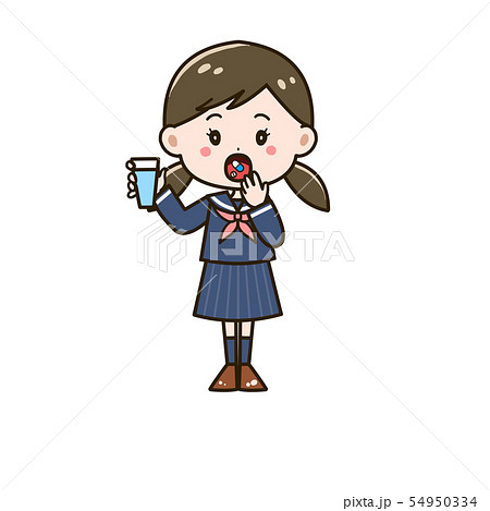 薬を飲む女の子 ポーズ イラストのイラスト素材