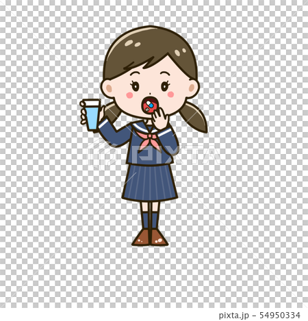 薬を飲む女の子 ポーズ イラストのイラスト素材