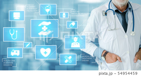 Doctor with Medical Healthcare Graphic in Hospital Doctor with Medical Healthcare Graphic in Hospital 54954459