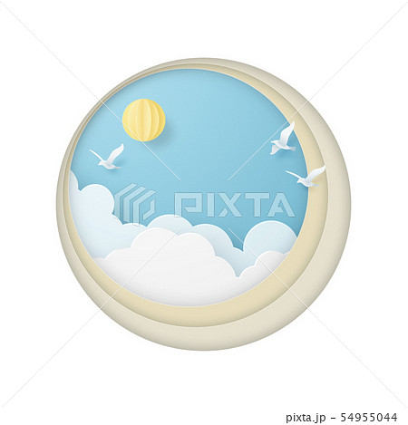 ペーパークラフト-空-雲-鳥-丸フレーム 54955044