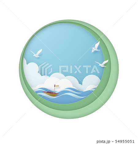 ペーパークラフト-空-雲-鳥-船-丸フレーム 54955051
