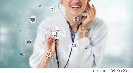 Doctor with Medical Healthcare Graphic in Hospital Doctor with Medical Healthcare Graphic in Hospital 54955059