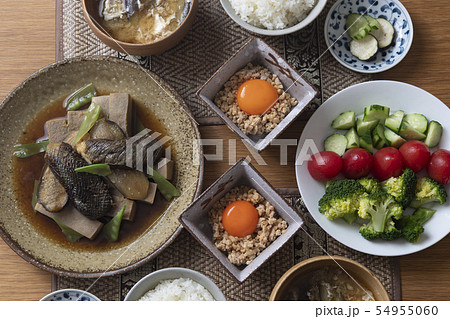 焼き茄子と高野豆腐の煮浸しがメインの食卓 焼き茄子と高野豆腐の煮浸しがメインの食卓 54955060