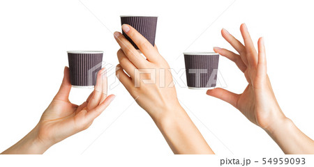 Set of women hands holding coffee paper drinking cup Set of women hands holding coffee paper drinking cup 54959093