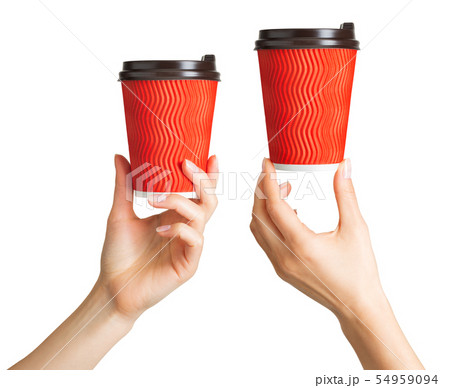 Set of women hands holding coffee paper drinking cup 54959094