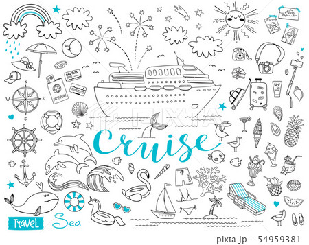 Graphic set of elements. Journey on a cruise ship. Package tour. Vector illustration on the theme of 54959381